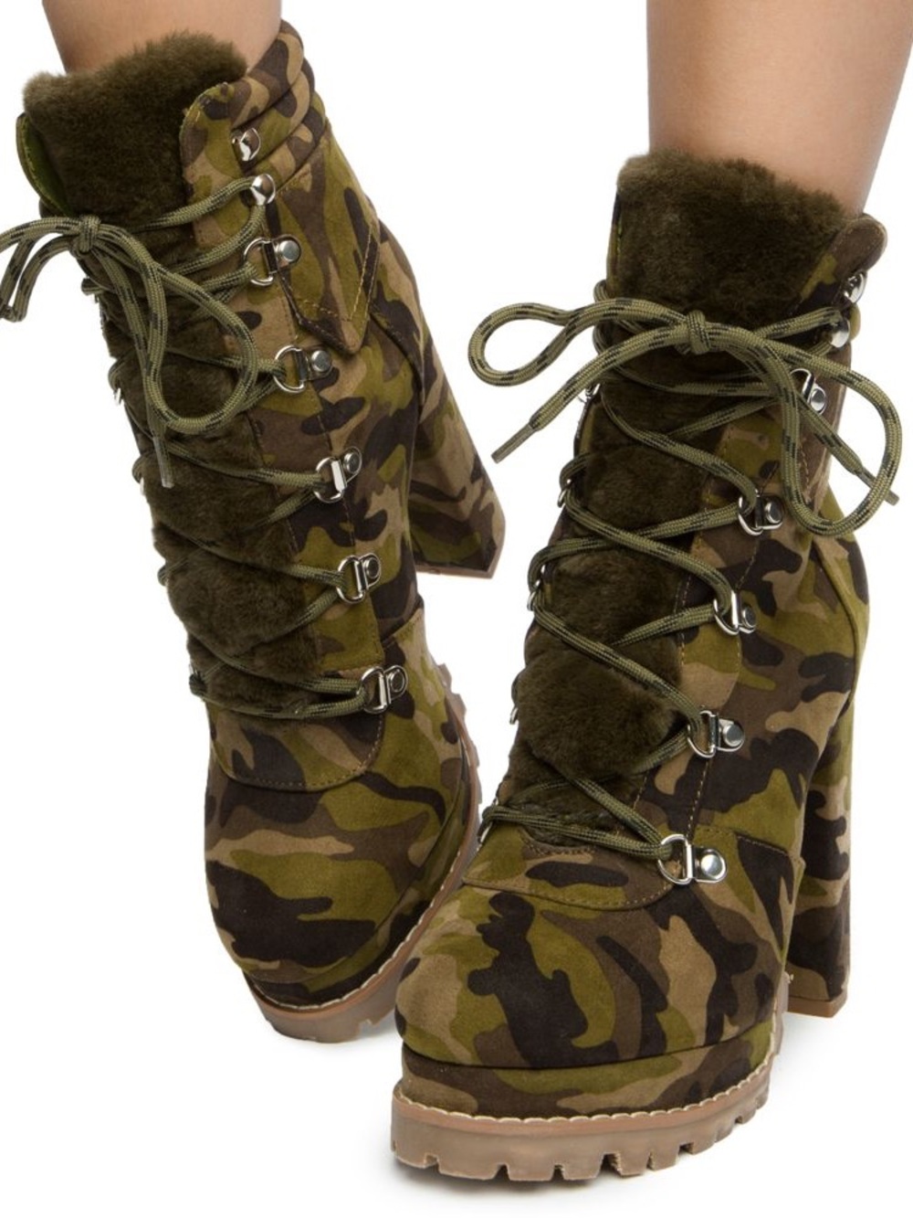 Camouflage Lace-Up Fur-Trim Block Heel Boots — Olive Camo